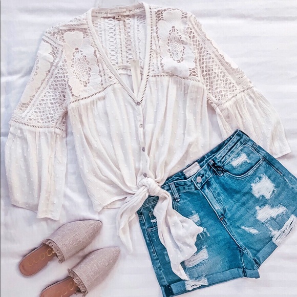 Medium Wash High Rise Distressed Mid Thigh Shorts